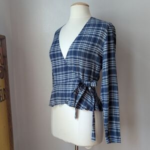 Blue and White Plaid Wrap Shannon Blouse By Wilfred Free Size S